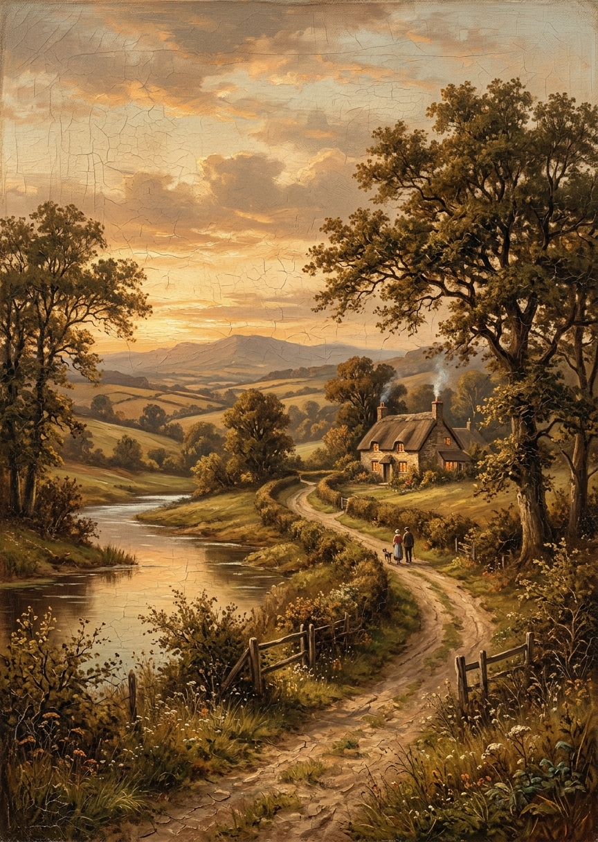 Stående oljemålning i klassisk stil föreställande ett rofyllt grönt landskap med böljande kullar och natur.