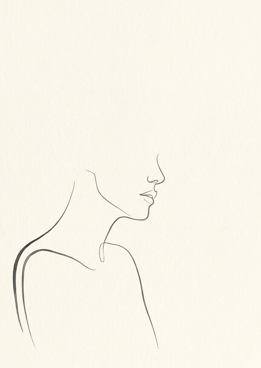 Minimalistisk enlinjekonst som visar en mänsklig profil med generöst med vit negativ yta runt den tunna svarta konturen.