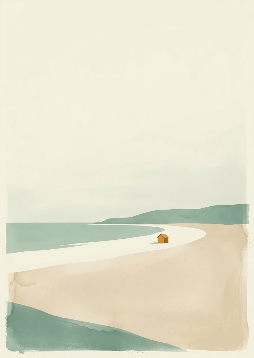 Minimalistisk vintage affisch i sjöglasgrönt föreställande en mjuk och rogivande kustlinje vid havet.