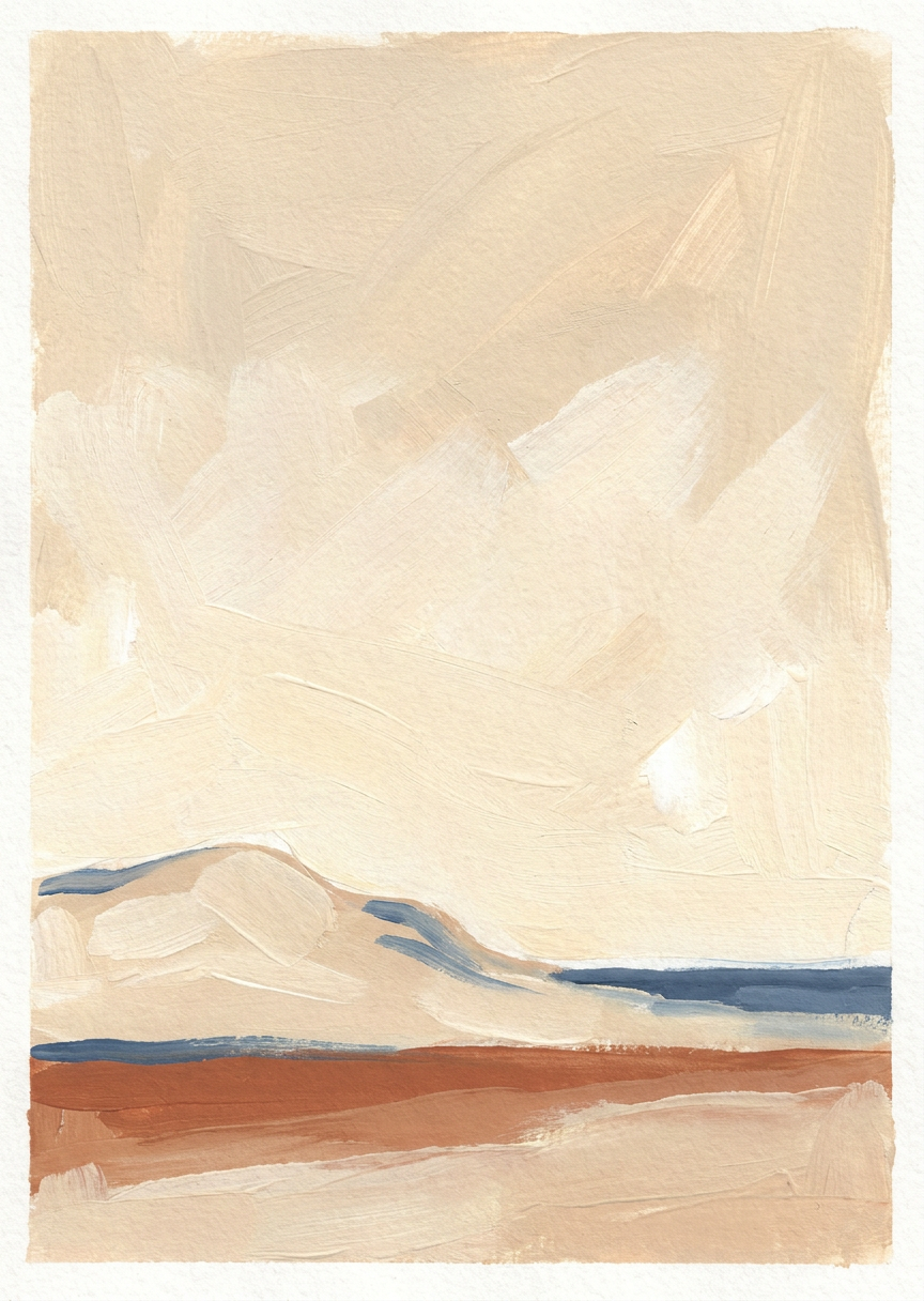 Minimalistisk abstrakt konstposter med mjuka sanddyner i beige och rost samt en tunn blå horisontell linje.