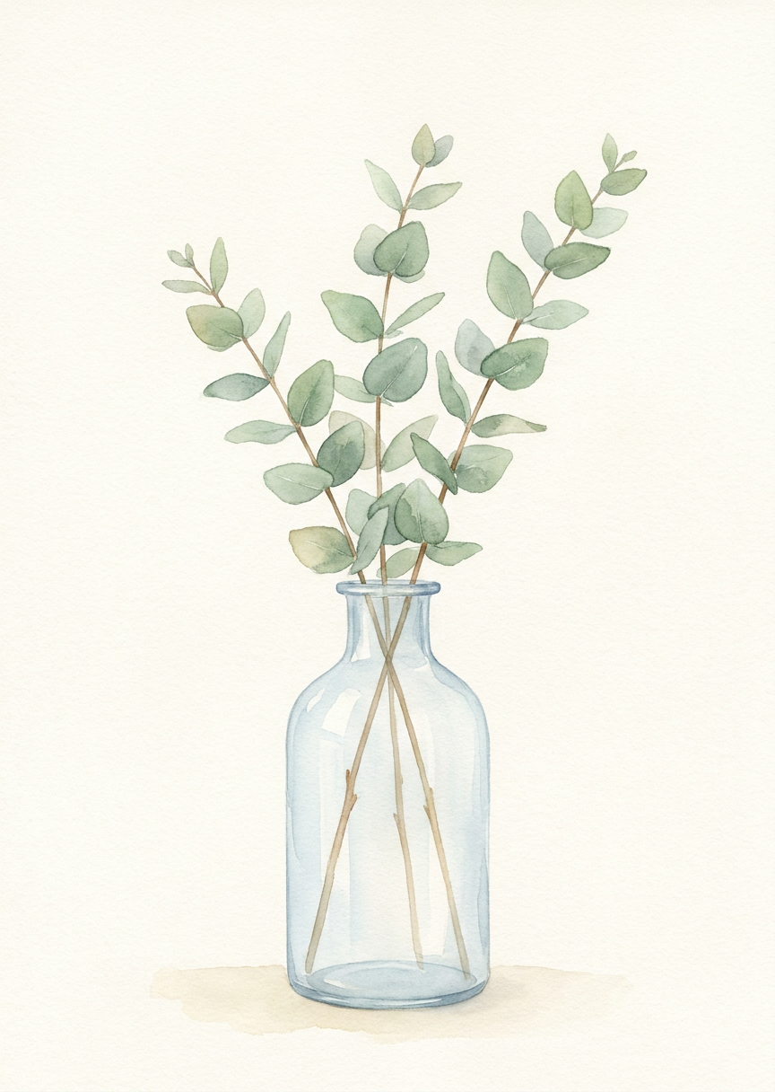 Salviagrna eukalyptusblad i en puderbl glasvas mot en ljus elfenbensvit bakgrund i minimalistisk stil.