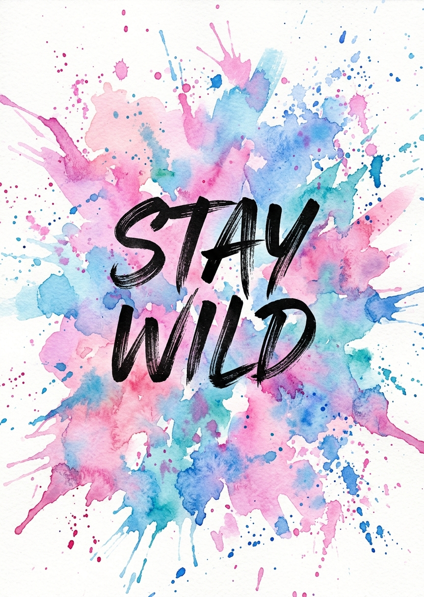 Akvarellmålning av en hjort i jordnära bruna toner med textcitatet Stay Wild i konstnärlig typografi.
