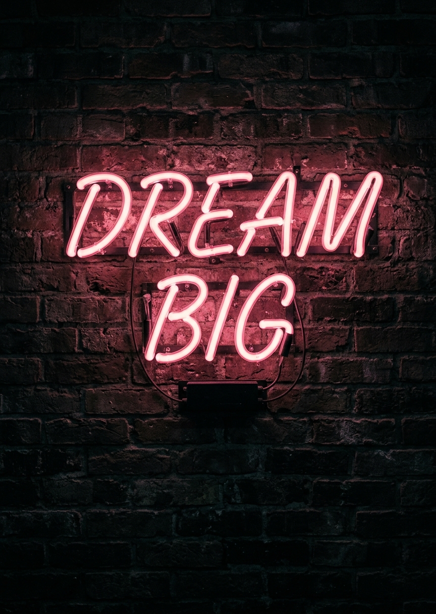 Rosa neonskylt med texten Dream Big mot en enkel bakgrund, skapande en modern och inspirerande atmosfär.