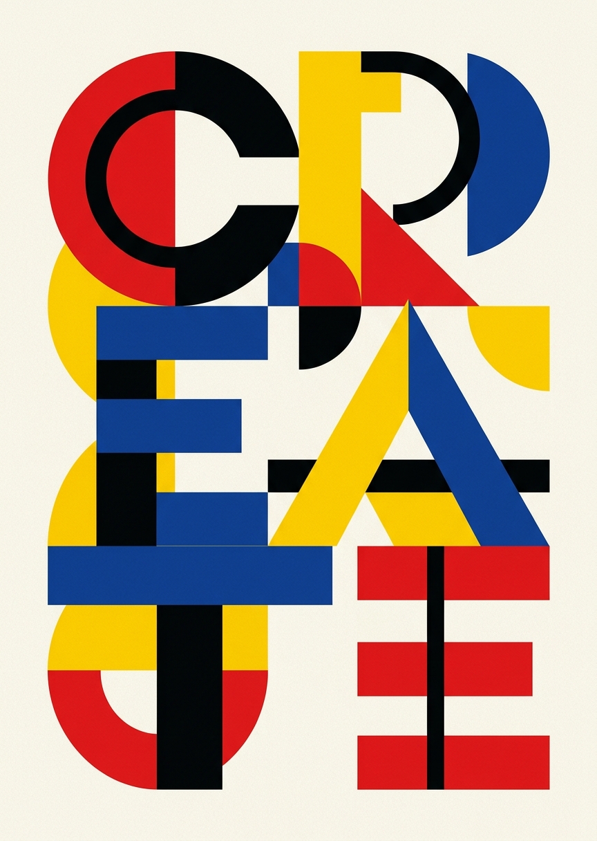 Minimalistisk beige porträttaffisch med abstrakta geometriska former och ordet create i modern typografi.