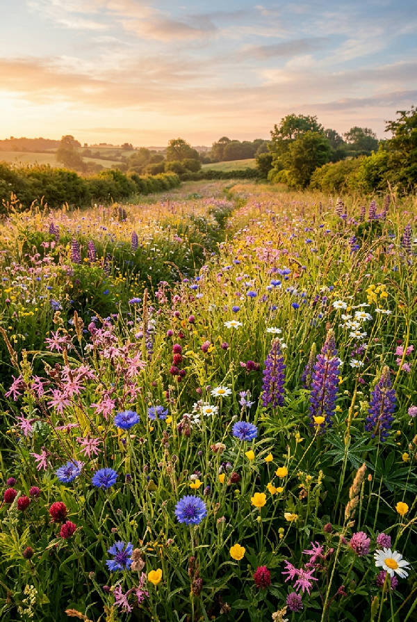 Närbild av en vibrerande blomsteräng full av vilda blommor och frodigt grönt gräs i porträttorientering