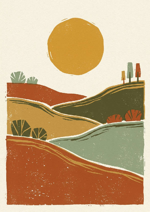 Stående abstrakt retroväggkonst med en glödande orange sol som sänker sig över ett minimalistiskt landskap i varma toner.