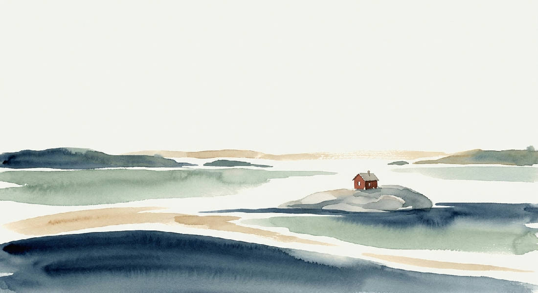 Abstrakt akvarellmålning av en stillsam skärgård med en röd stuga på en klippa omgiven av vatten i blått, grönt och beige.
