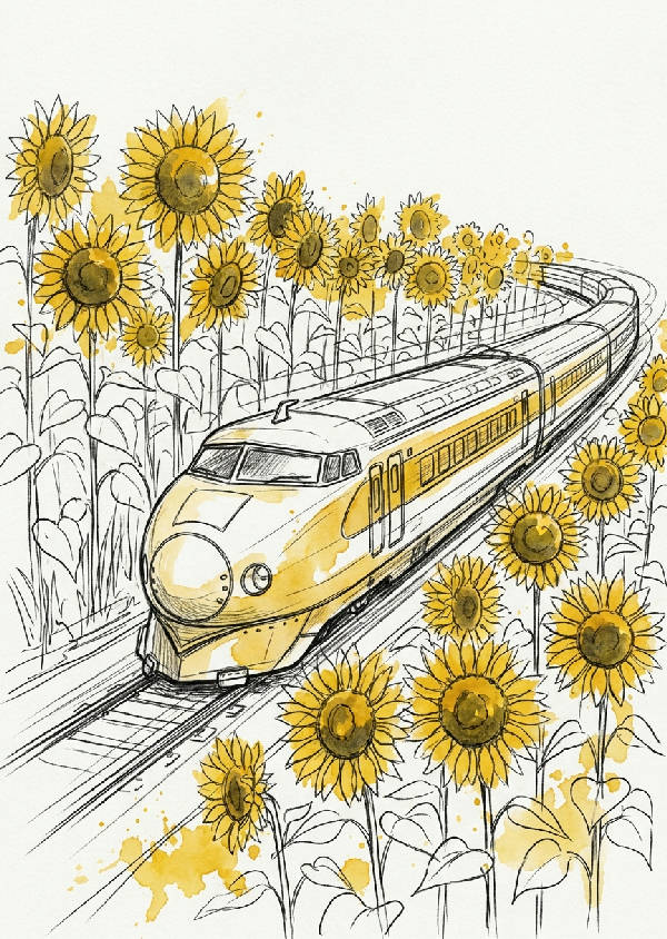 Kontinuerlig line art med ett vintagetåg som rusar genom ett stort fält av gula solrosor i akvarellstil.