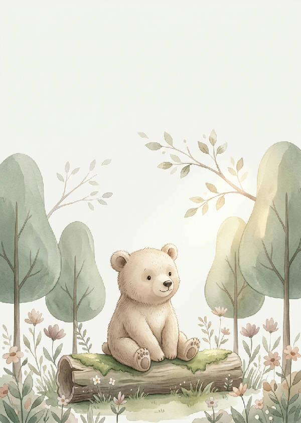 Minimalistisk illustration av en liten beige björn som sitter i en skog av mjuka gröna träd i akvarellstil.