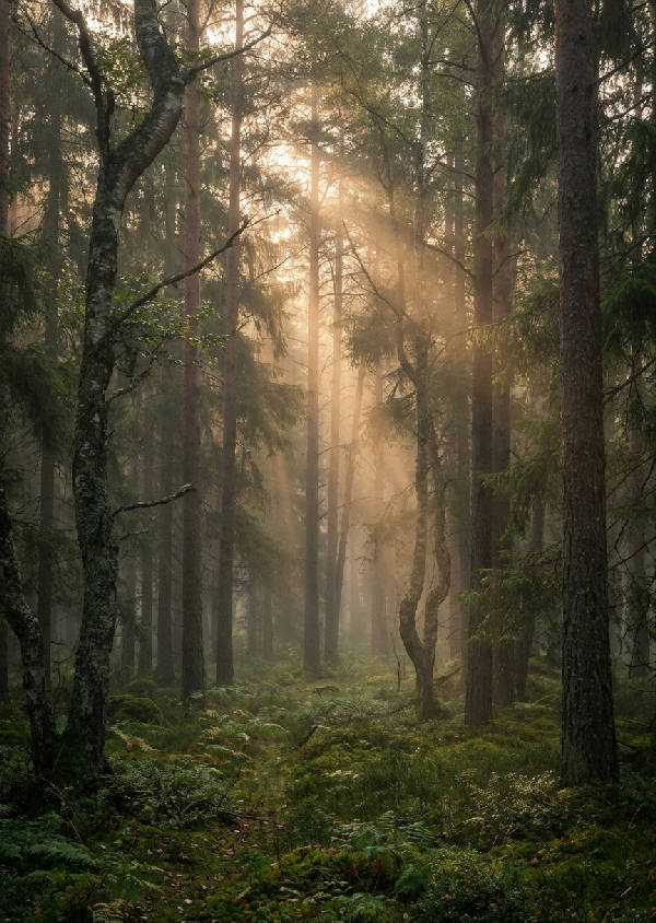 Tät svensk skog i tidig morgondimma med solljus som silas genom gamla tallar och björkar, täckt av mossa och ormbunkar i djupt smaragdgrönt.