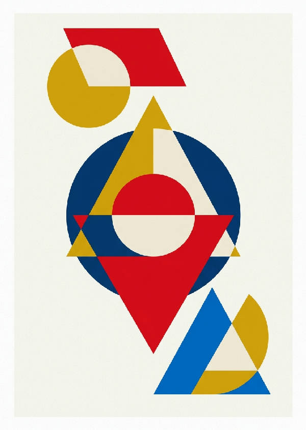 Abstrakt Bauhaus design i rött, blått och gult med geometriska former och linjer, stående format.