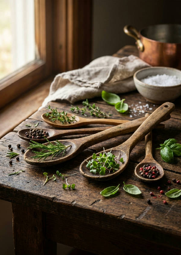 Närbild av träskedar med färska örter, svartpepparkorn och mikrogrönt på mörkt träbord, med varmt naturligt ljus.