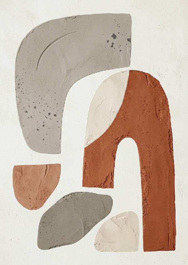 Stående minimalistisk väggkonst med abstrakta beige geometriska former på en ljus neutral bakgrund.