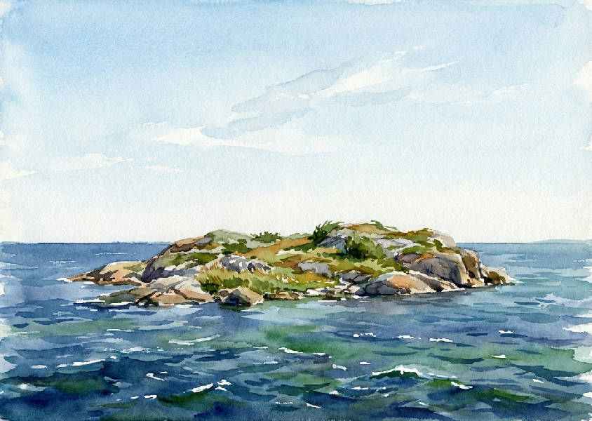 Bred akvarellmålning av en liten klippig ö i svenska skärgården med grön vegetation. Havet är djupt blått och grönt med vita skumtoppar, och himlen är blekblå med tunna moln.