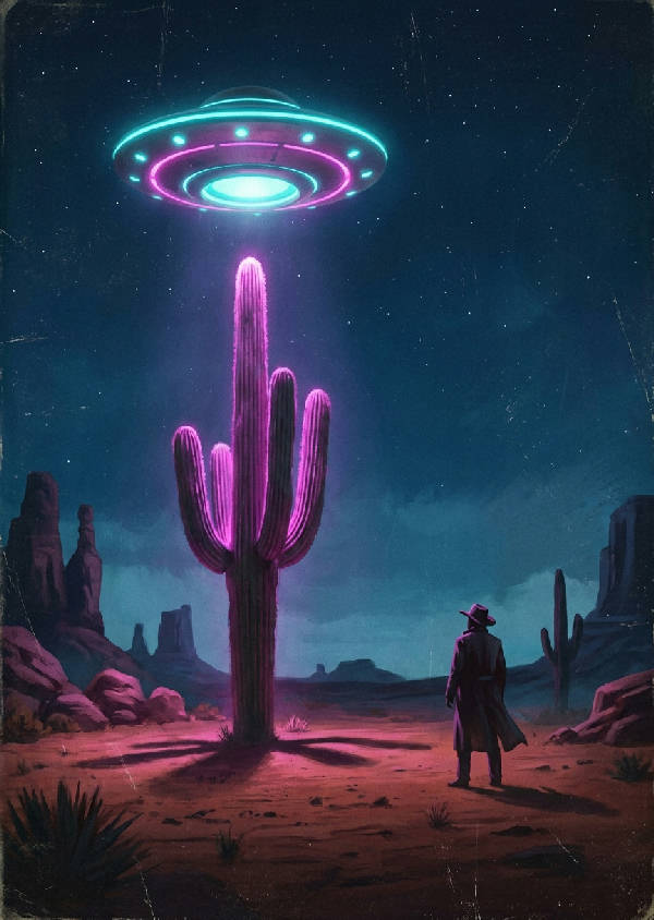 Surrealistisk digital målning av ett glödande UFO över en ensam neonupplyst saguaro-kaktus i ett mörkt ökenlandskap