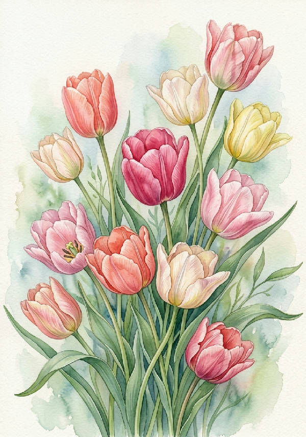 Närbild av detaljerade tulpaner målade med akvarell, visar mjukt rosa och gröna nyanser