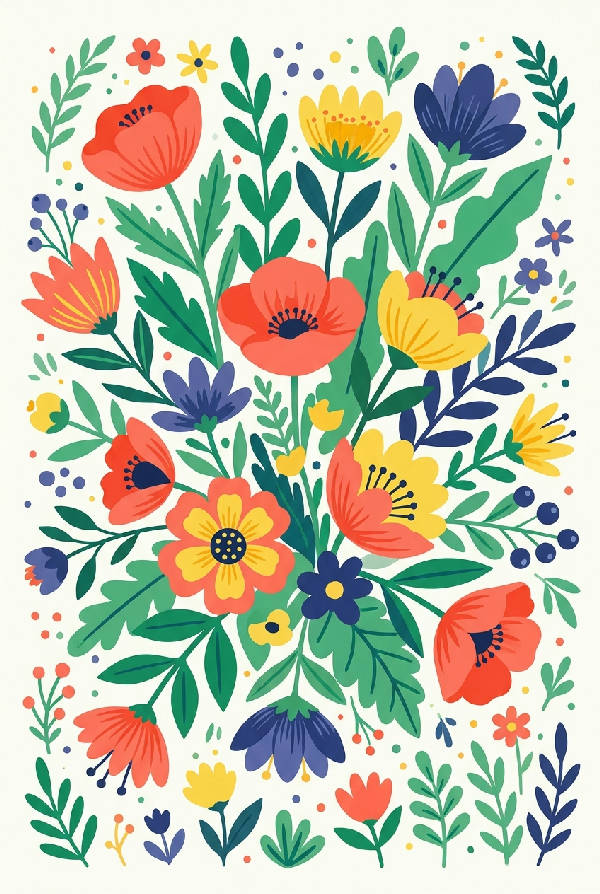 Lekfull skandinavisk botanisk illustration med stora nyckfulla gula vildblommor och blad malade i platt gouache.