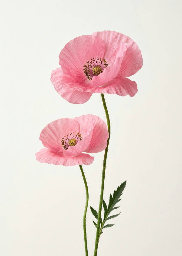 Två rosa vallmoblommor med gröna stjälkar mot en ljus bakgrund i en minimalistisk studiobild