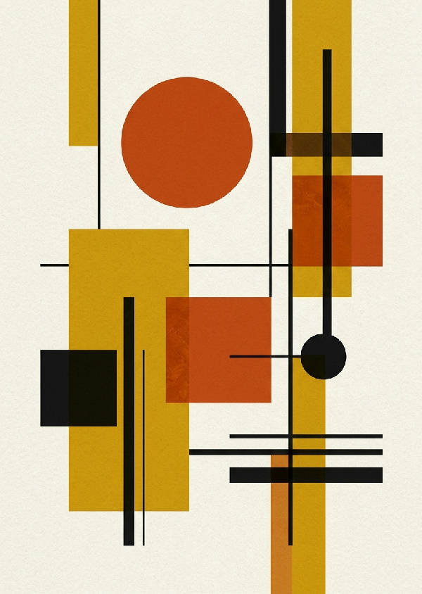 Stående abstrakt poster inspirerad av Bauhaus med svarta geometriska former och linjer på en ljus bakgrund.