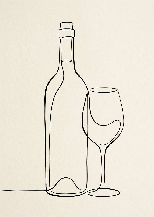 Stilren minimalistisk linjeteckning som föreställer en vinflaska och ett vinglas i svart på en vit bakgrund, stående format.