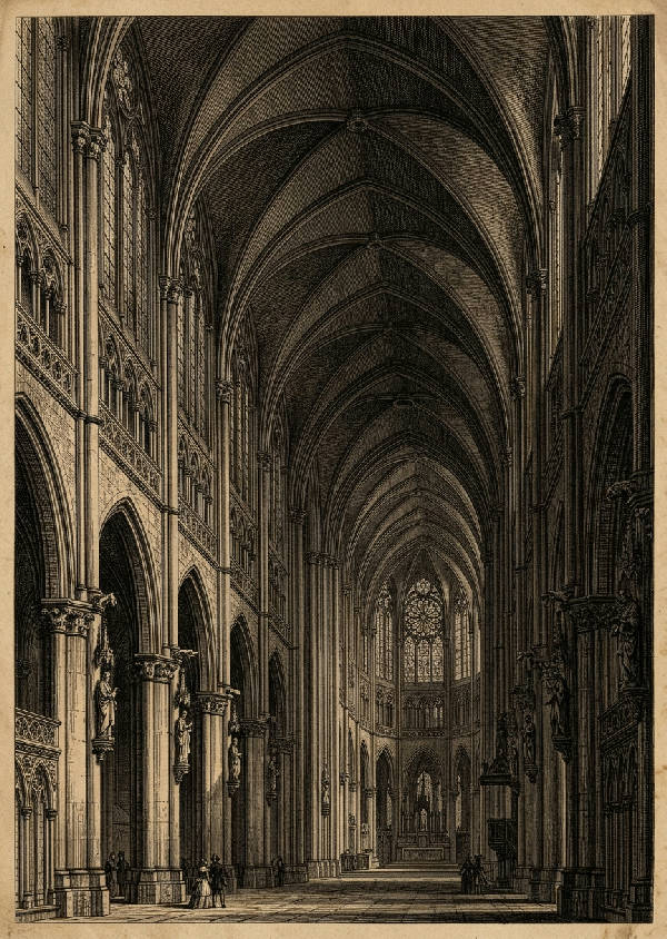 Detaljerad gotisk katedral i mörka sepiatoner med spetsiga valv och intrikat stenarbete i porträttformat.