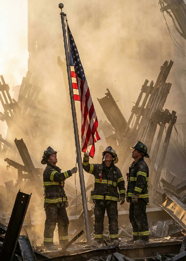 Hyperrealistisk bild av amerikanska flaggan hissas av brandmän vid Ground Zero vid soluppgången.