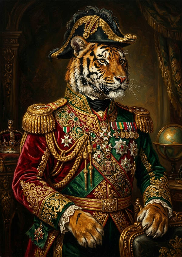 Porträtt av en majestätisk tiger klädd i en utsmyckad viktoriansk militäruniform med orange och guldtoner