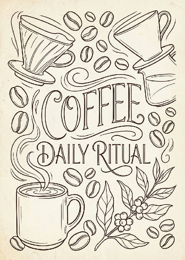 Minimalistisk linjekonst av olika kaffeelement såsom bönor, koppar, mjölkkannor och typografi