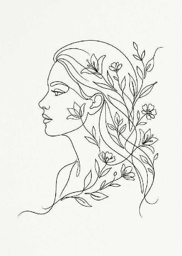 Minimalistisk linjekonst som föreställer ett ansikte med rena linjer och elegant enkelhet i svartvitt.