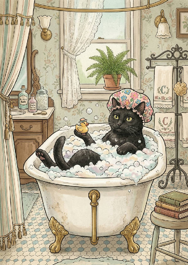 Detaljerad illustration av en vit katt som sitter lugnt i ett gammaldags emaljbadkar i en vintage stil.