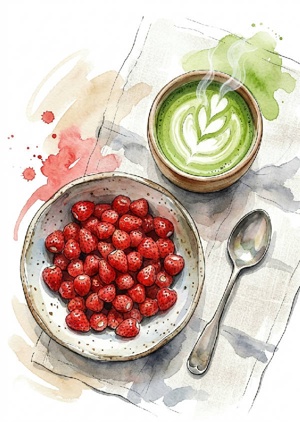 Linjekonst och akvarellmålning av ett frukostbord med en skål jordgubbar och en kopp matcha latte.