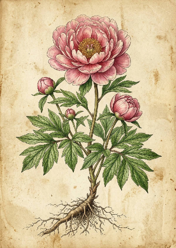 Närbild av en vintage botanisk illustration föreställande en blekrosa pionblomma i full blom med gröna blad.