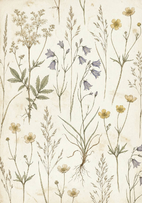 Hyperrealistisk vintage botanisk poster med pressade vildblommor och gräs i mjuka beige- och salviatoner på texturerat benvitt papper.