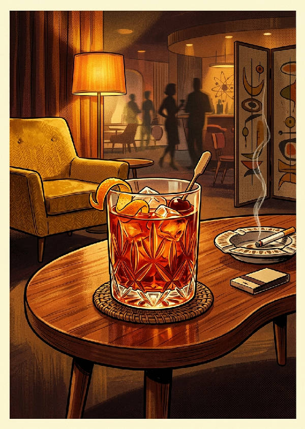 Vintageillustration av en Negroni-cocktail med apelsinskiva, is och drinkpinne i rött och orange.