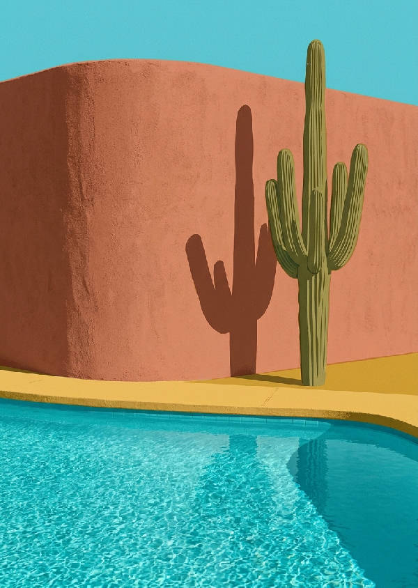 En silkscreen-tryckt ökenoas med en stiliserad Saguaro-kaktus, turkos pool och terrakottavägg.