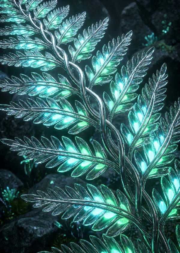 Ultra-detaljerad 3D-render av ett futuristiskt ormbunksblad med kromstammar och glödande glasblad mot en mörk bakgrund.