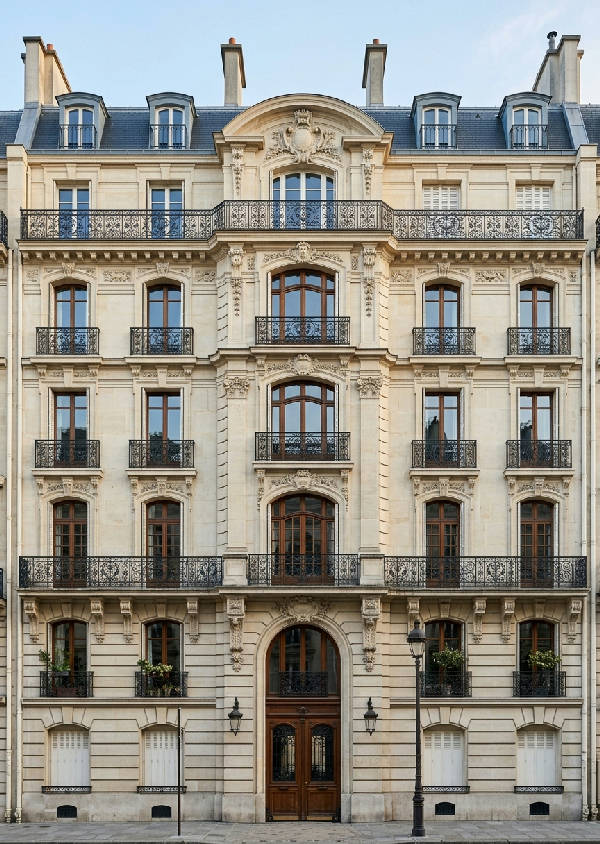 Symmetrisk svartvit fotokonst av parisisk arkitektur med detaljerade fasader och fönster i porträttformat.