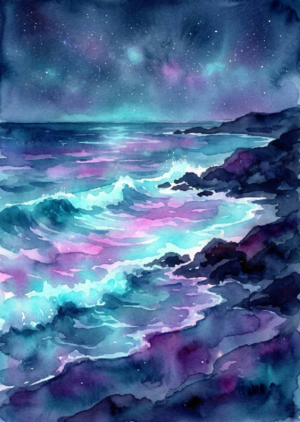 Lysande akvarellmålning av bioluminescent vik nattid. Glödande vågor mot mörk kust, stjärnhimmel. Midnattsblått, cyan, magenta, violett.