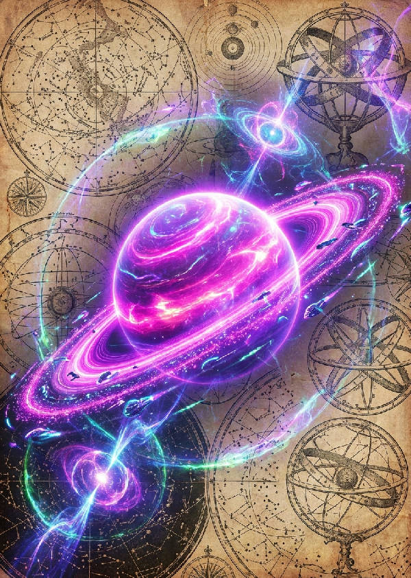 Stående digitalt collage med vintage stjärnkartor och en lysande neonringmärkt planet i lila och elektriskt rosa.