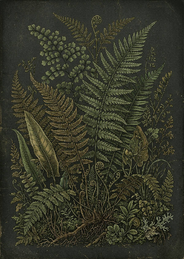 Närbild av en mörk vintage-ormbunke med gröna blad och detaljerade stjälkar mot en dovt färgad bakgrund.