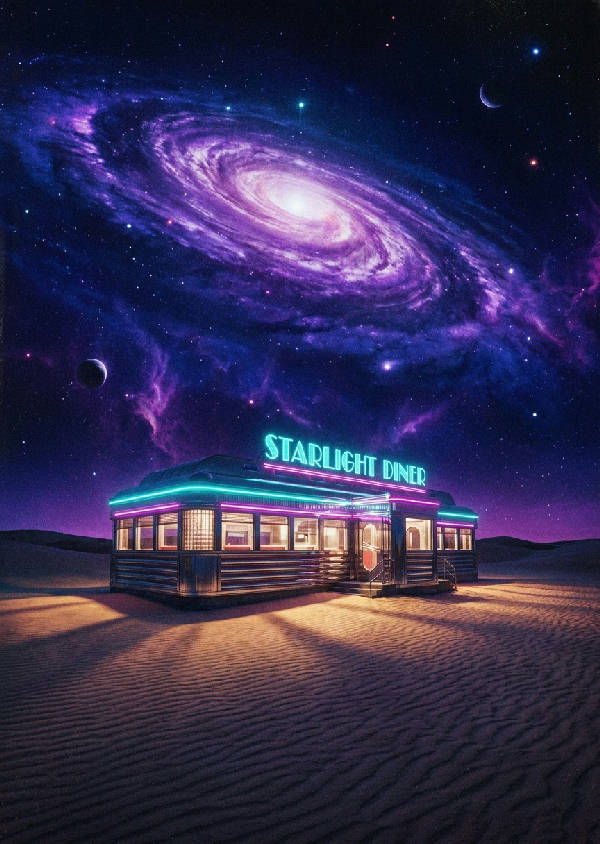 Surrealistisk retro fotografi av en glödande, kromad 1950-tals diner i en öken under ett lila galaxhimmel. 
