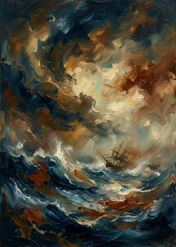 Vertikal bild av ett abstrakt stormigt hav med vågor i mörka blåa och gråa toner, målat i klassisk oljestil.