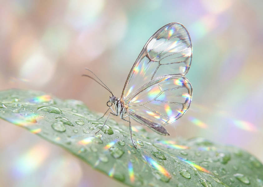 Makrofotografi av en fjäril med transparenta glasvingar på ett vått blad. Iriserande färger, prismatiska refraktioner och mjuk bokeh.