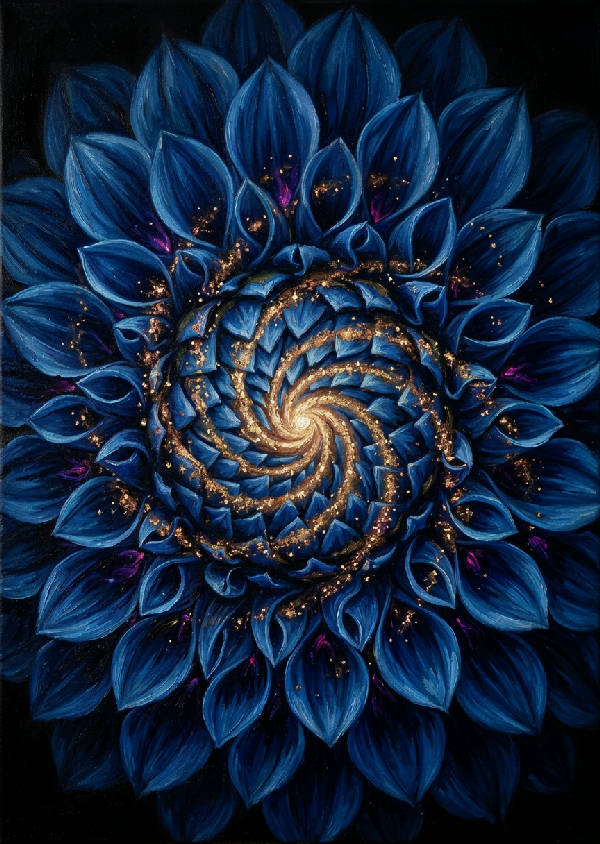 Extrem närbild av en omöjlig dahlia i oljemålning med synliga penseldrag och hög kontrast. Djupt safirblå kronblad med gyllene spiralgalaxfläckar mot en mörk bakgrund.