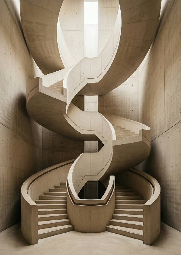 Vertikal bild av en minimalistisk betongtrappa med rena linjer och skuggspel i gråa nyanser.