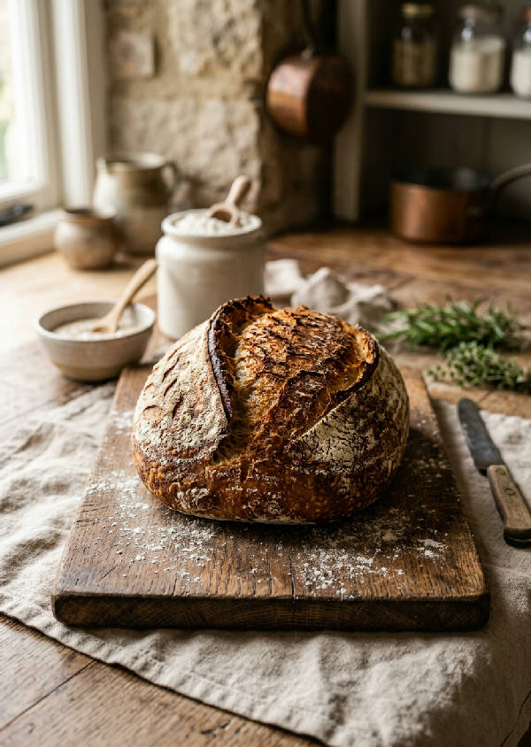 Närbild av ett rustikt surdegsbröd med krispig skorpa, belyst av mjukt naturligt fönsterljus på en träyta.