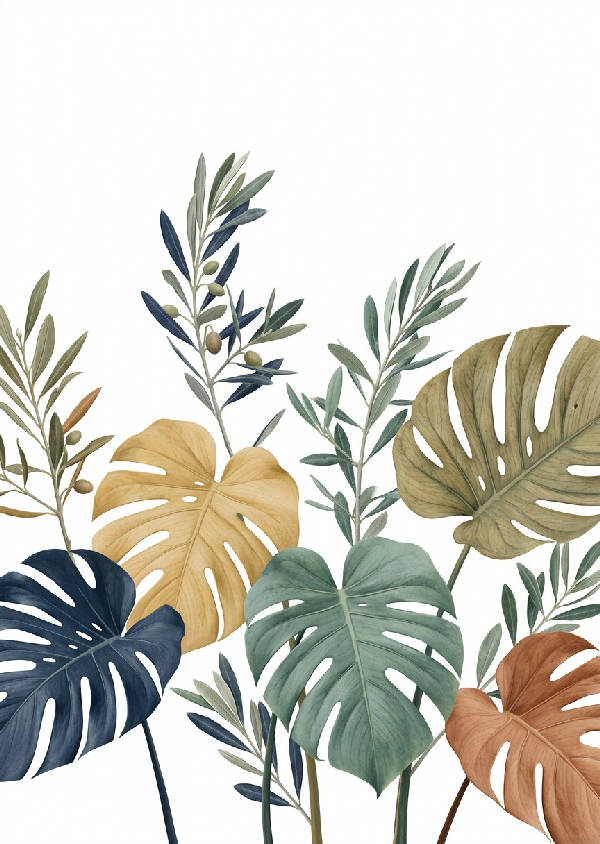 Närbild av olivkvistar och stora monsterablad i en minimalistisk komposition med mjukt, naturligt ljus och vit bakgrund. Bladen har synliga texturer, med nyanser av salviagrön och beige.