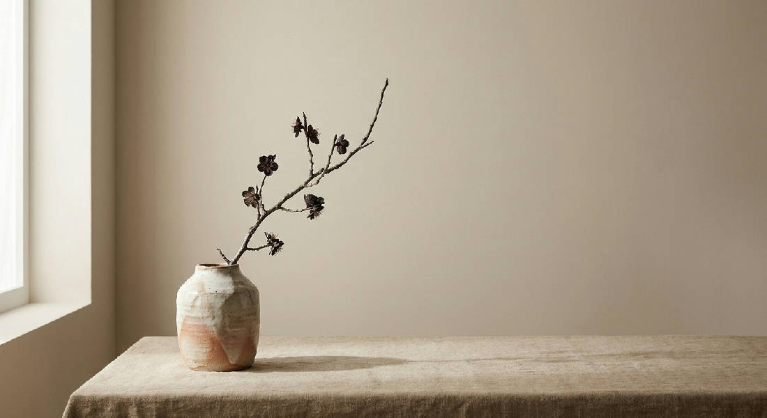 Minimalistiskt Japandi stilleben med en torkad plommonblomsgren i en asymmetrisk, texturerad keramikvas.