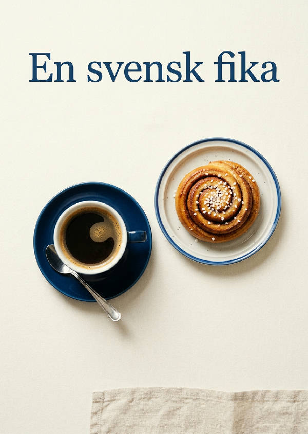 Minimalistisk illustration i 60-talsstil av en kanelbulle och en kaffekopp på vit bakgrund