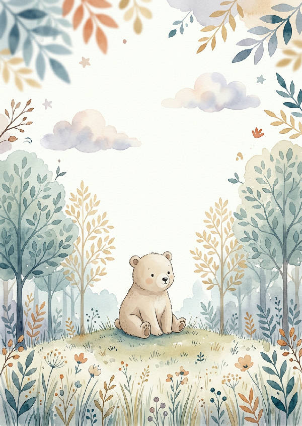 Minimalistisk akvarellillustration av en liten beige björnungen som sitter i en skog med gröna träd och gräs i milda pastellfärger.